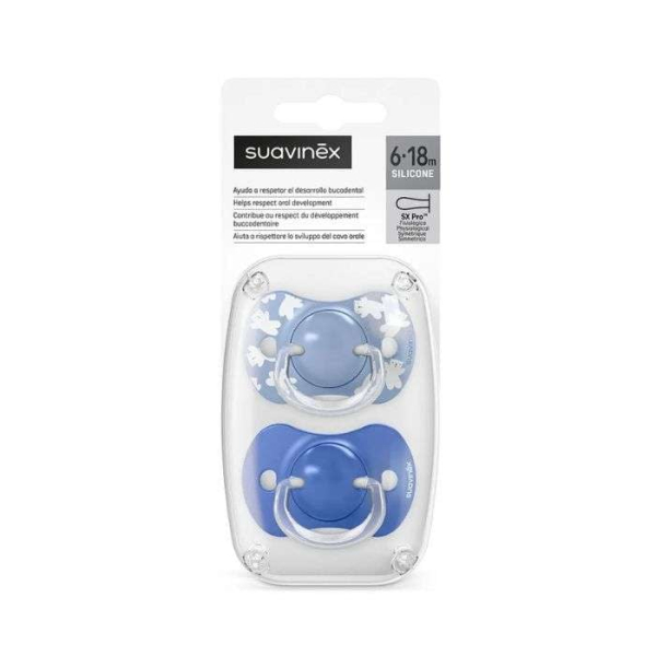 SUAVINEX LOT DE 2 SUCETTES PHYSIOLOGIQUES TETINE SILICONE 6-18M WILD AND FREE BLEU